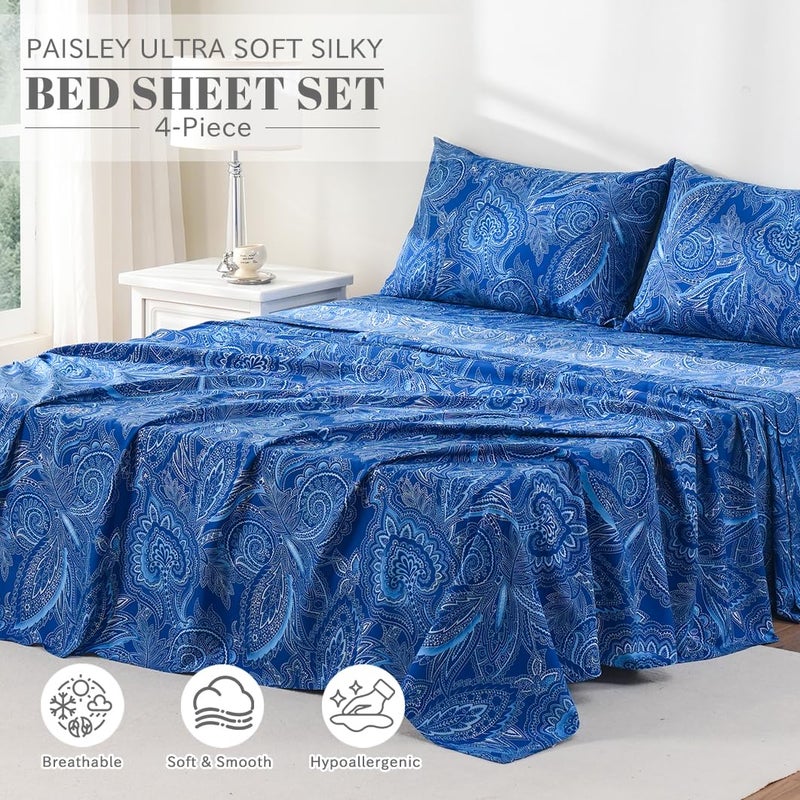 Bedlifes King Sheet Set Ultra Soft, Breathable, Silky Flower Deep Pocket 100% Microfiber Bedding, 4 Piece King Size Paisley Dark Navy Blue - Image 2